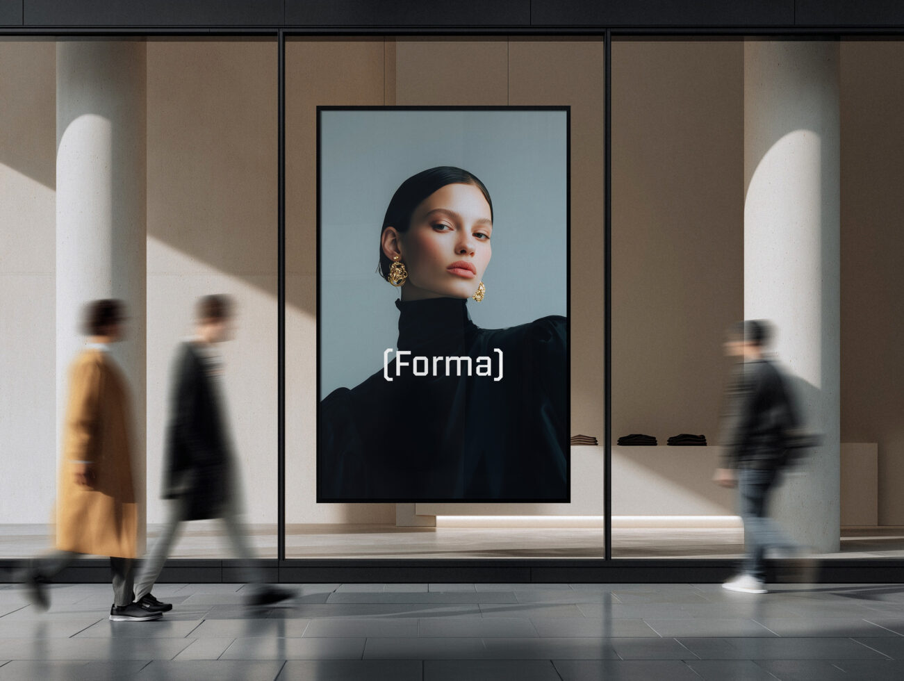 Fashion portrait on storefront display with blurred pedestrians walking by