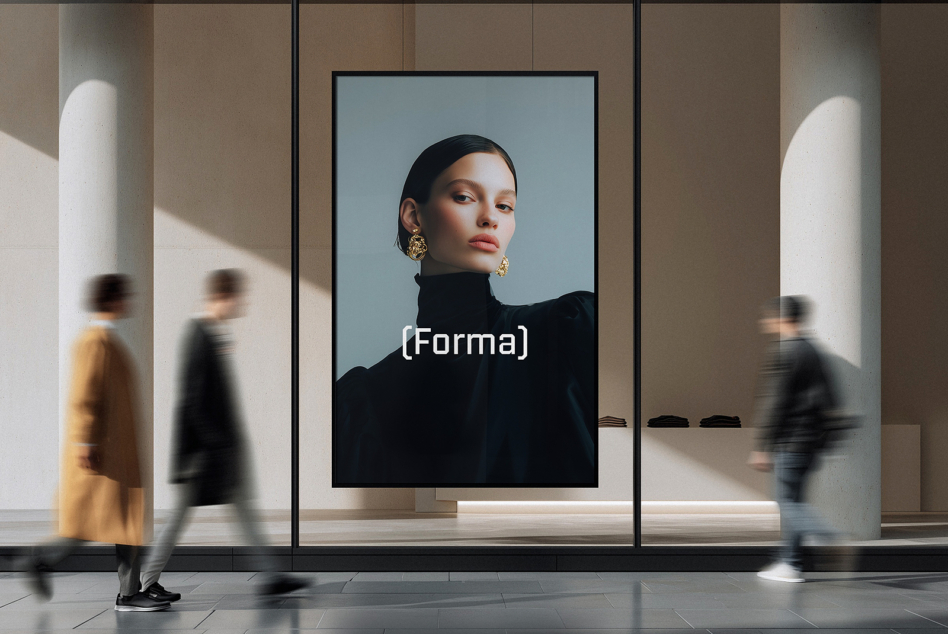 Large format display screen in modern mall with multiple people passing by