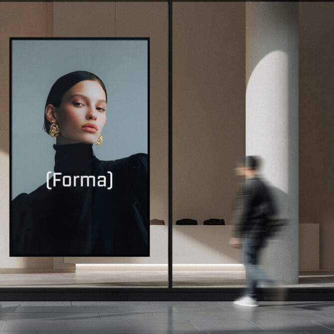 Storefront billboard mockup with woman in black turtleneck, blurred walkers