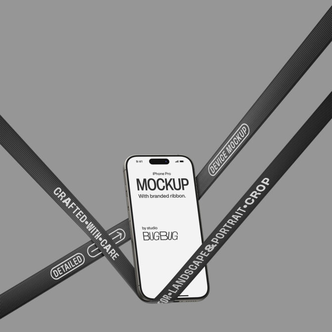 iPhone Pro mockup with dark ribbon straps crossing the device