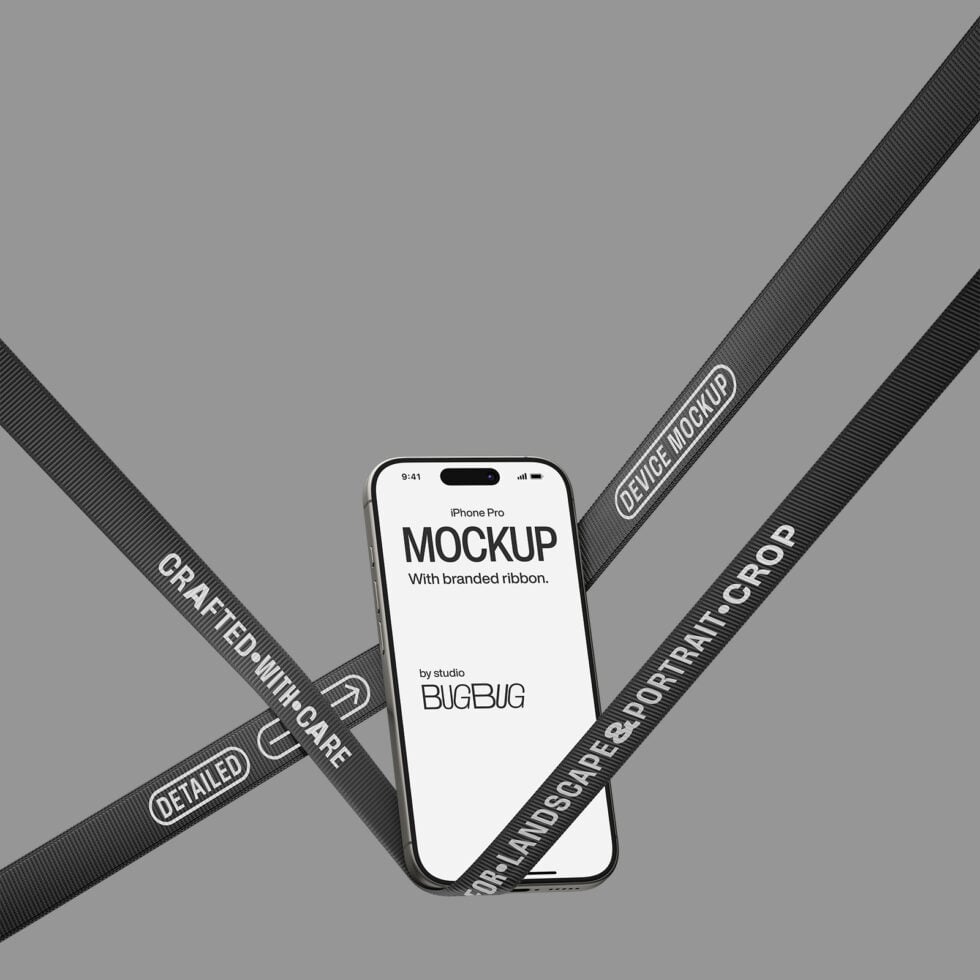 iPhone Pro mockup with dark ribbon straps crossing the device