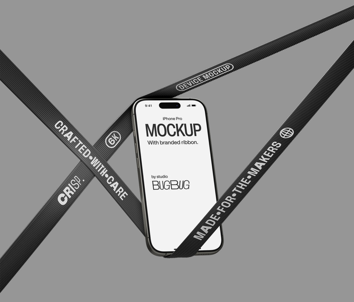 iPhone Pro mockup displayed flat with diagonal black ribbons crossing over it