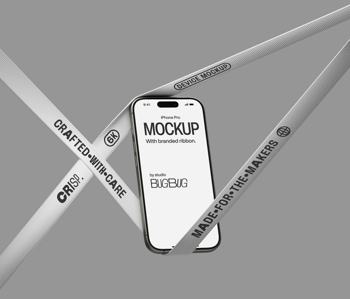 iPhone Pro mockup with white ribbon straps crossing diagonally on gray background