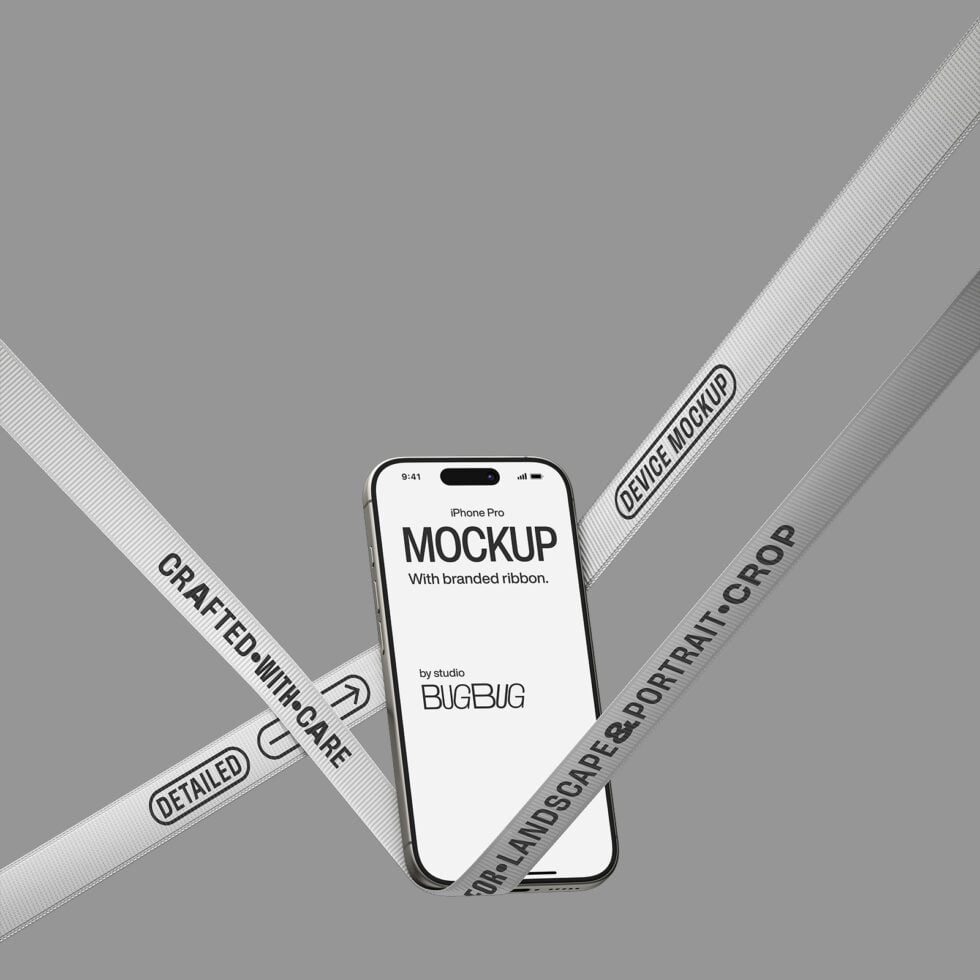 iPhone Pro mockup with light ribbon details crossing diagonally