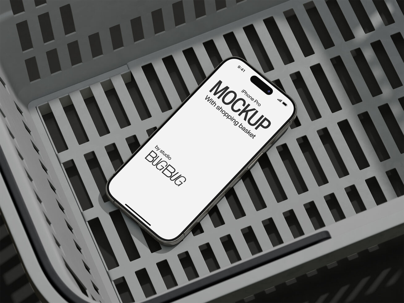 iPhone Pro mockup on geometric grey basket weave pattern, screen ready for custom content