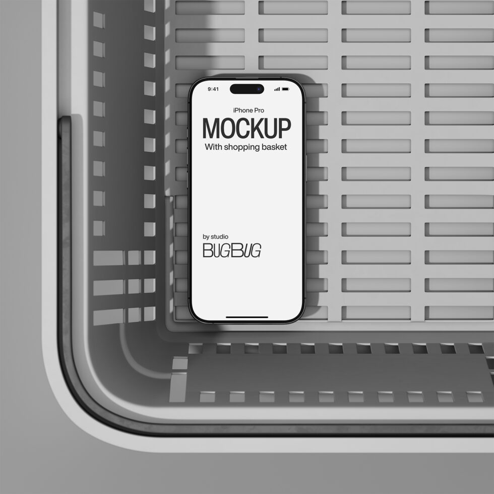 iPhone Pro mockup overhead view in shopping basket scene