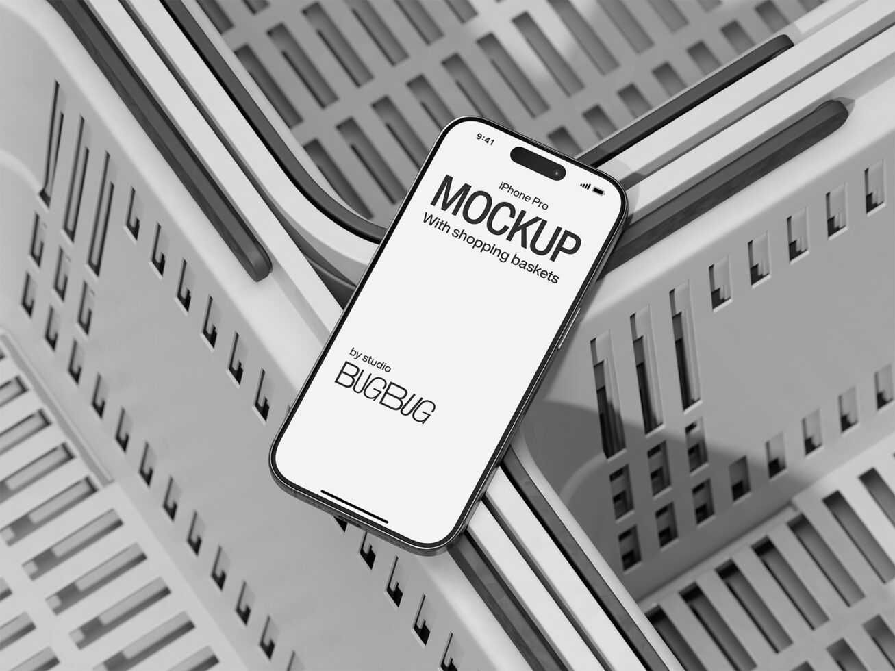 iPhone Pro mockup on light gray geometric background with dark shopping baskets