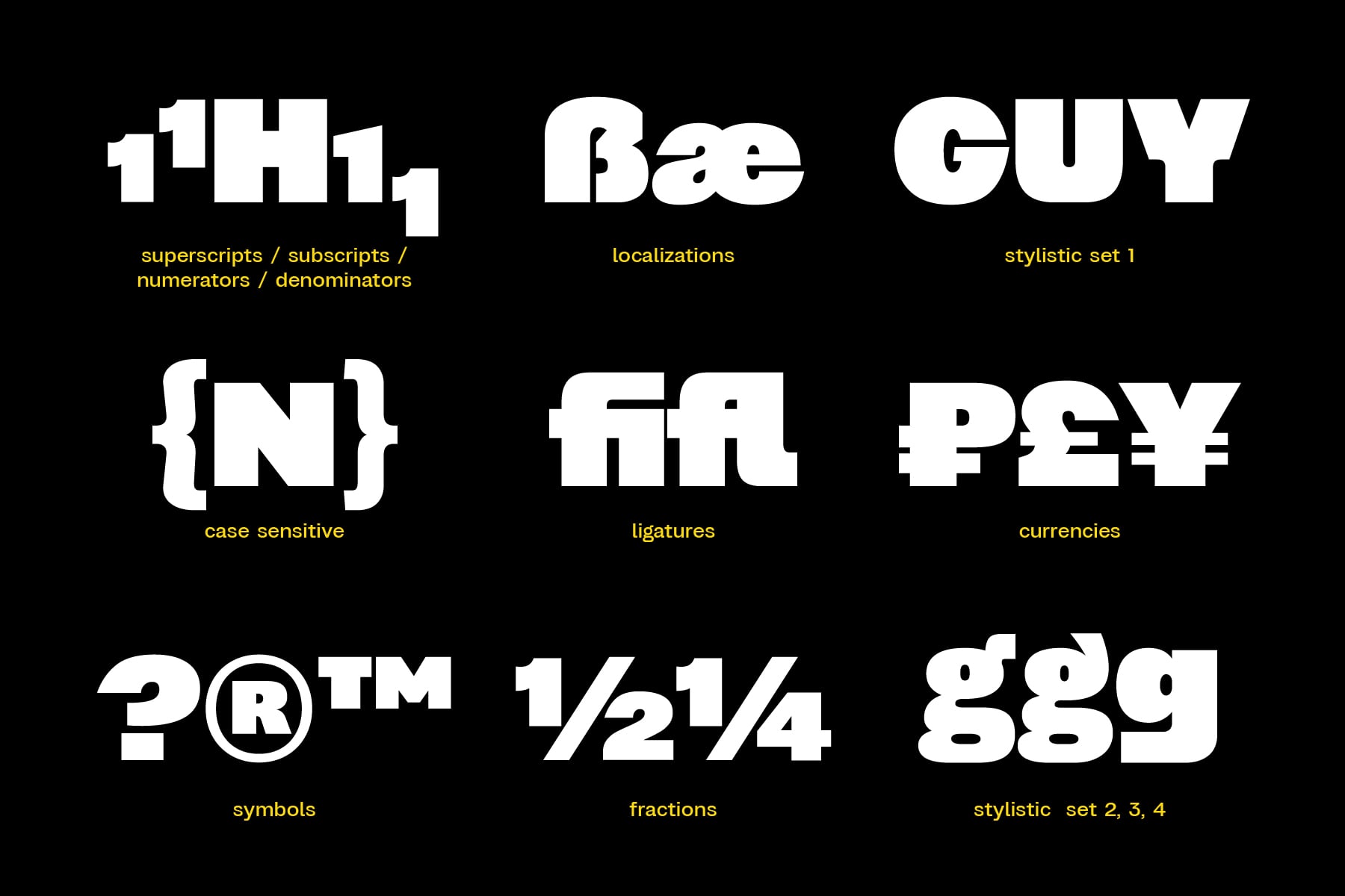 Font feature samples showing superscripts, localizations, ligatures, fractions, currencies