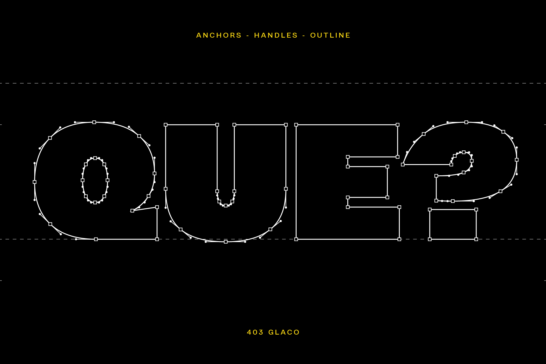 Outlined letter forms showing anchor points, handles, curves in vector design view