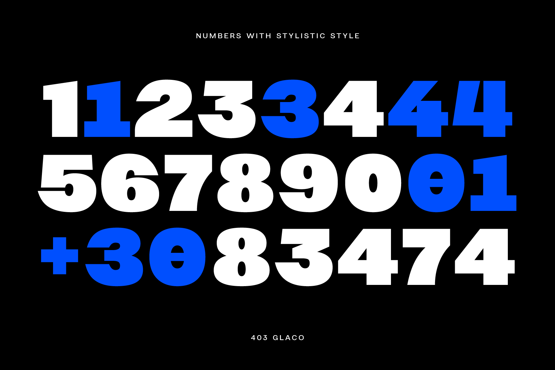 Bold numbers 0-9 with alternating white plus blue characters on black background