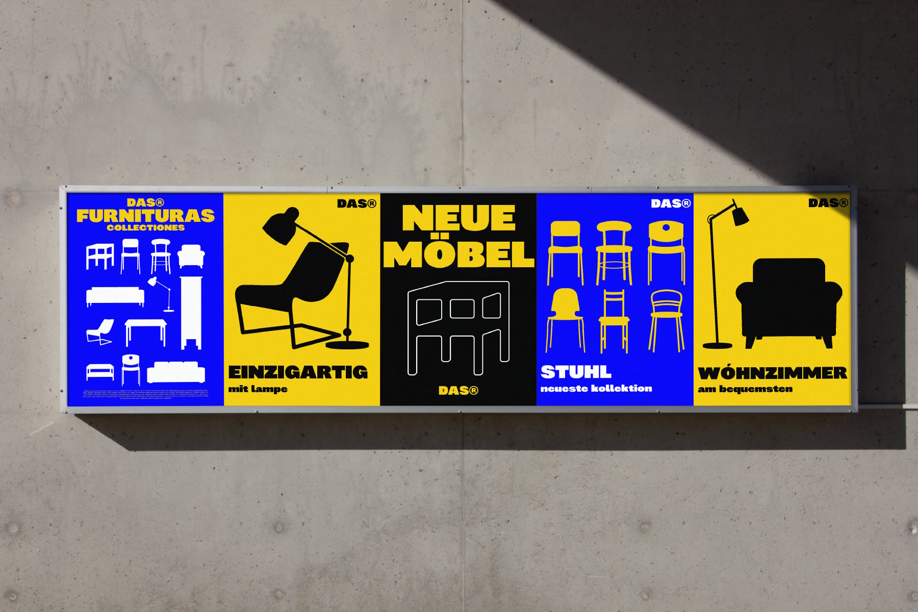 Retro German furniture store posters in blue, yellow, black with bold sans serif typography