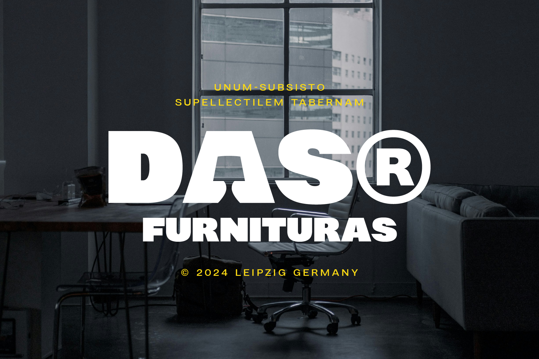Modern office interior with large Das Furnituras logo overlay