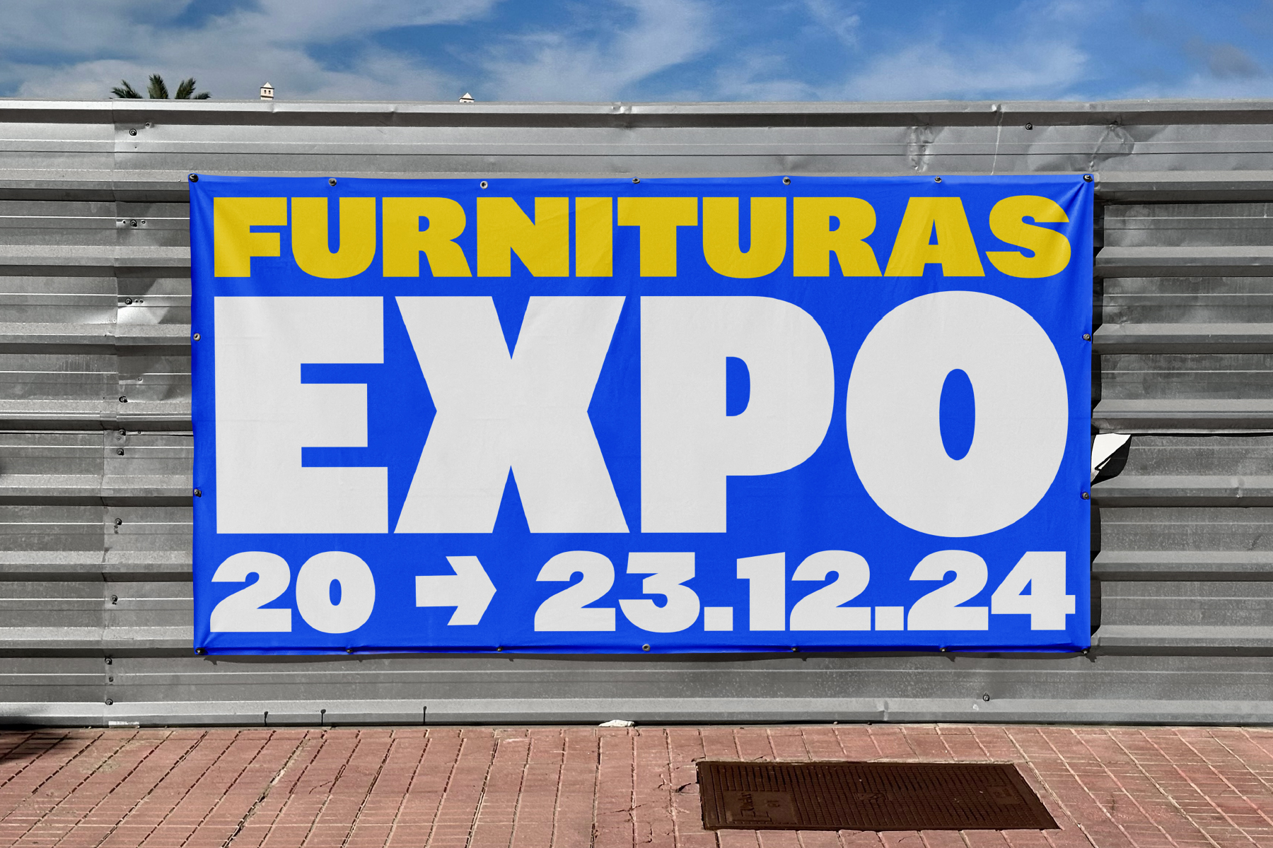 Blue banner with yellow text promoting furniture expo event dates