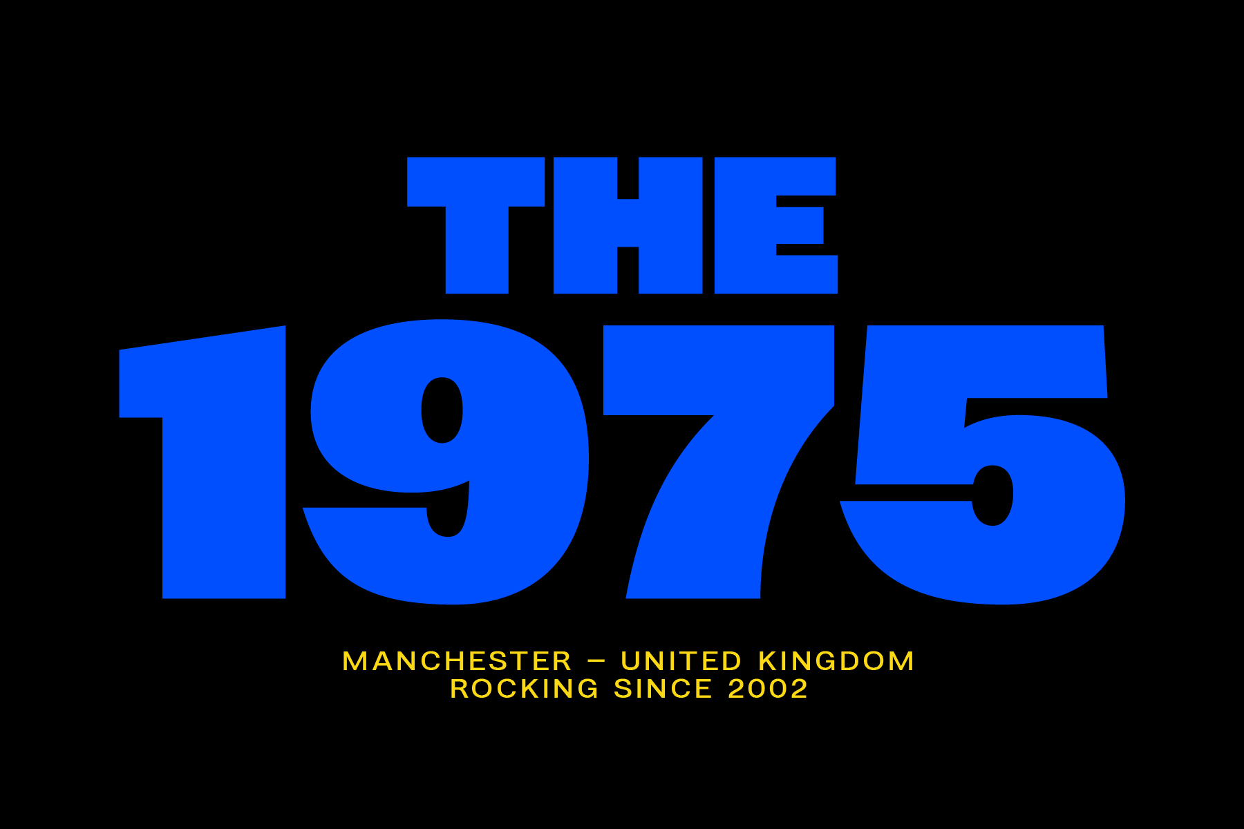 Bright blue bold typography reading THE 1975 with Manchester UK tour text below