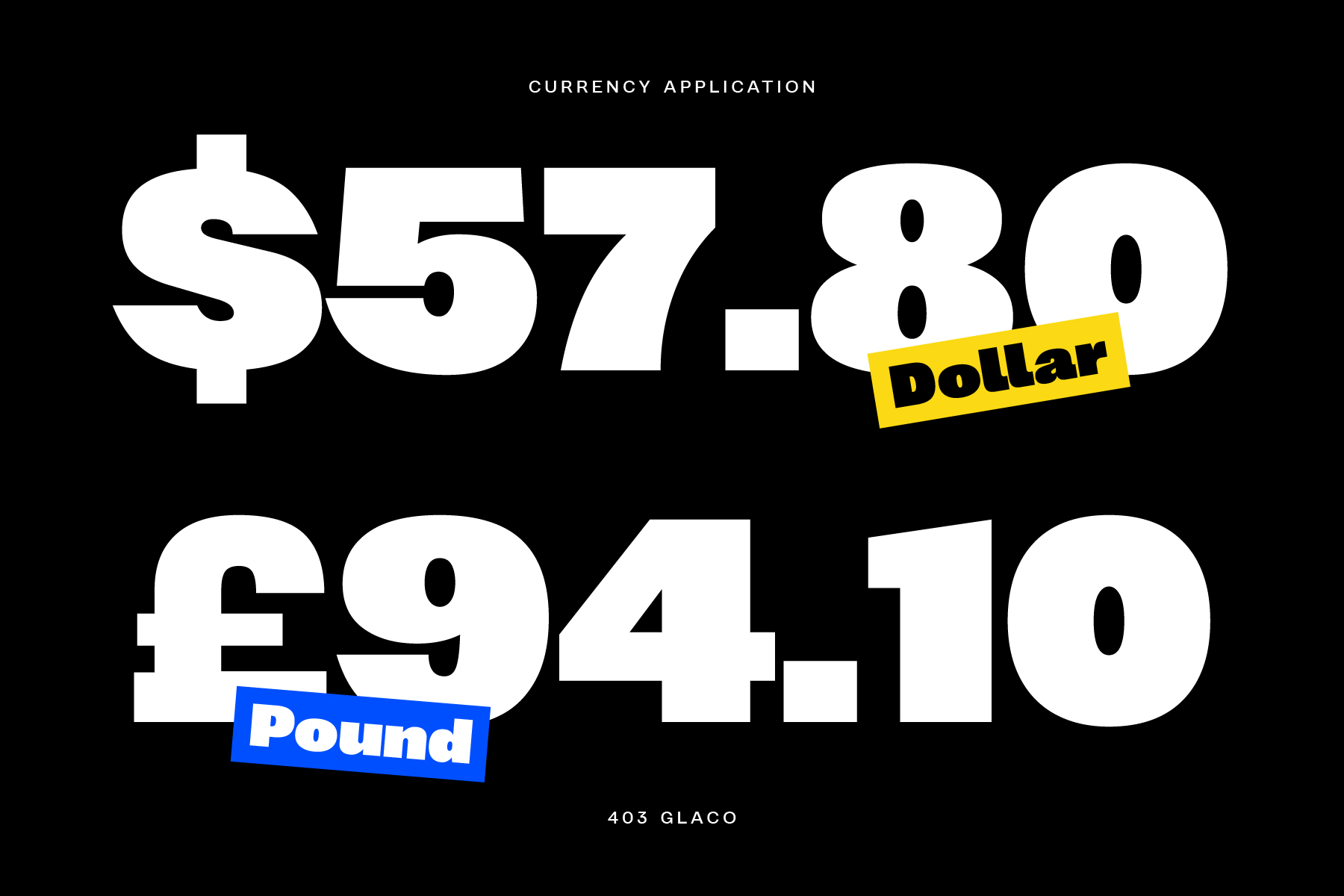 Currency amounts displayed as dollar pounds with label badges on black background