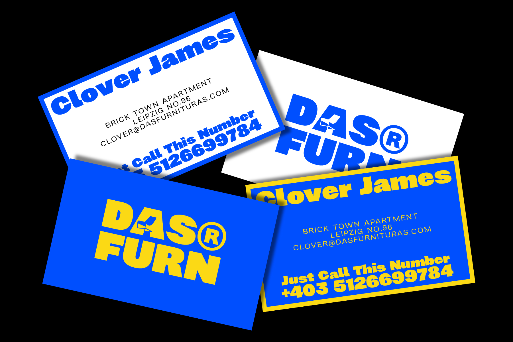 Stacked business cards in blue, white, yellow showing furniture brand contact details