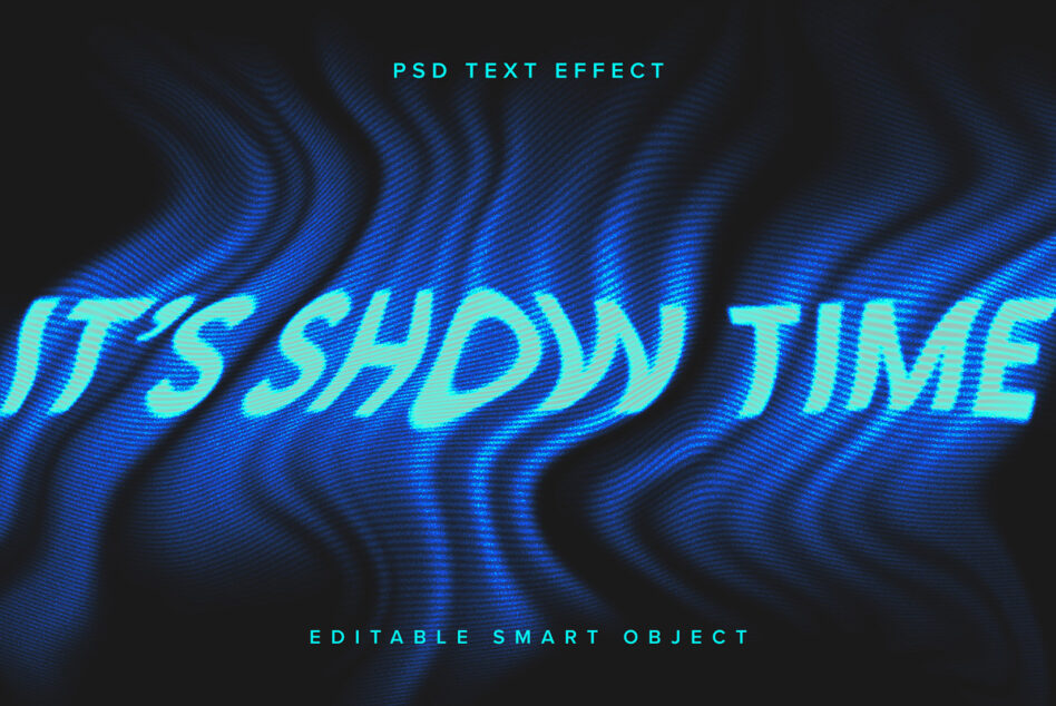 Cyan glowing text reading ITS SHOW TIME over blue wavy scanline effect mockup