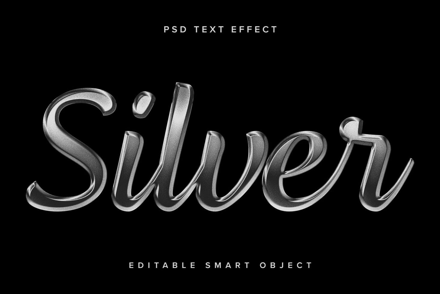 Silver metallic text effect with glossy 3D styling on black background, editable smart object included
