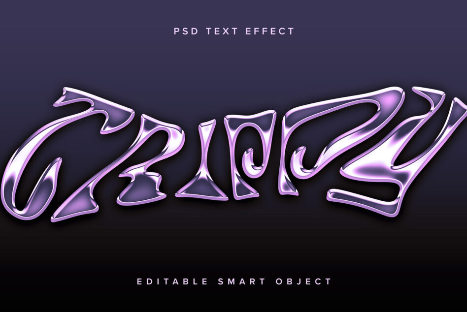 Wavy purple metallic text with glossy 3D effect on dark background