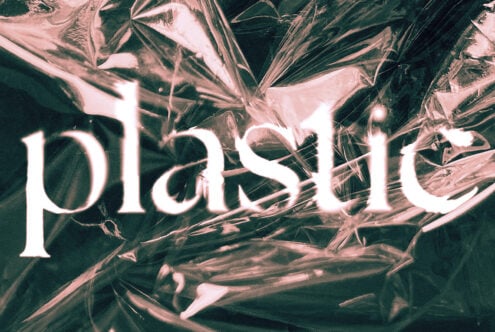 Bright white text glowing over pink teal plant overlay