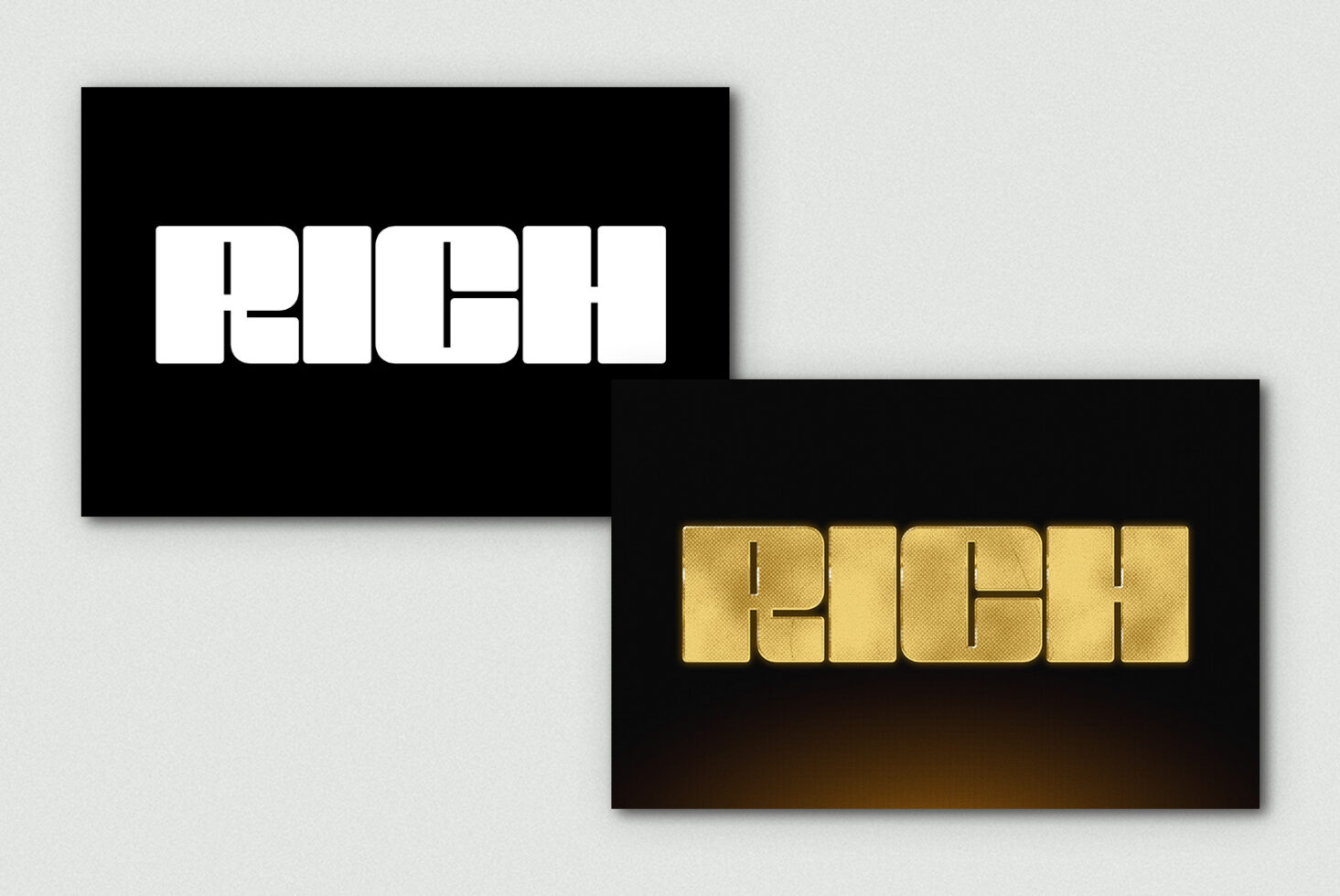 Bold geometric font mockup showing white letters on black box, gold metallic version below on dark gradient