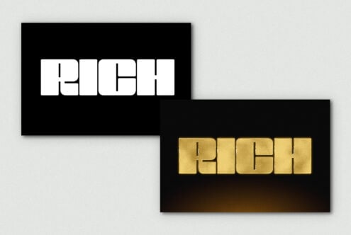 Bold geometric font mockup showing white letters on black box, gold metallic version below on dark gradient