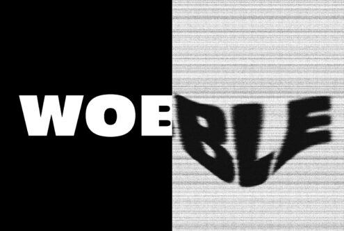 Split screen WOB RUE text black white scanline halves