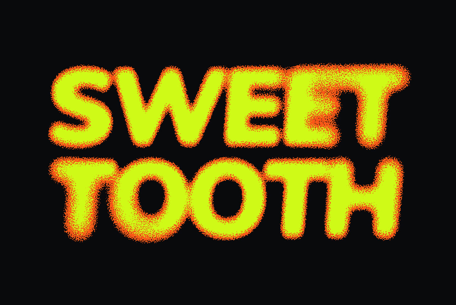 Bright lime neon text reading Sweat Tooth with orange glitch edges