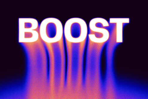 BOOST text in neon blue outline with orange halftone glow beam