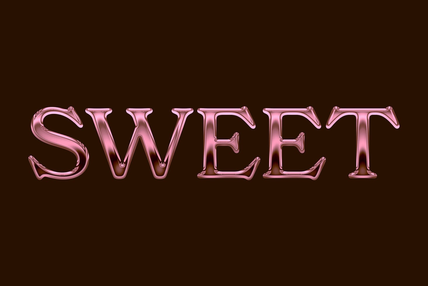 Pink metallic 3D letters spelling SWEET on dark brown backdrop