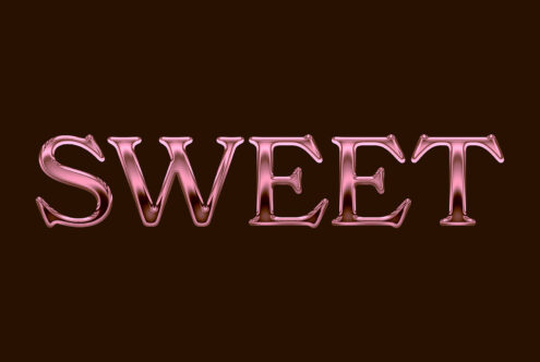 Pink metallic 3D letters spelling SWEET on dark brown backdrop