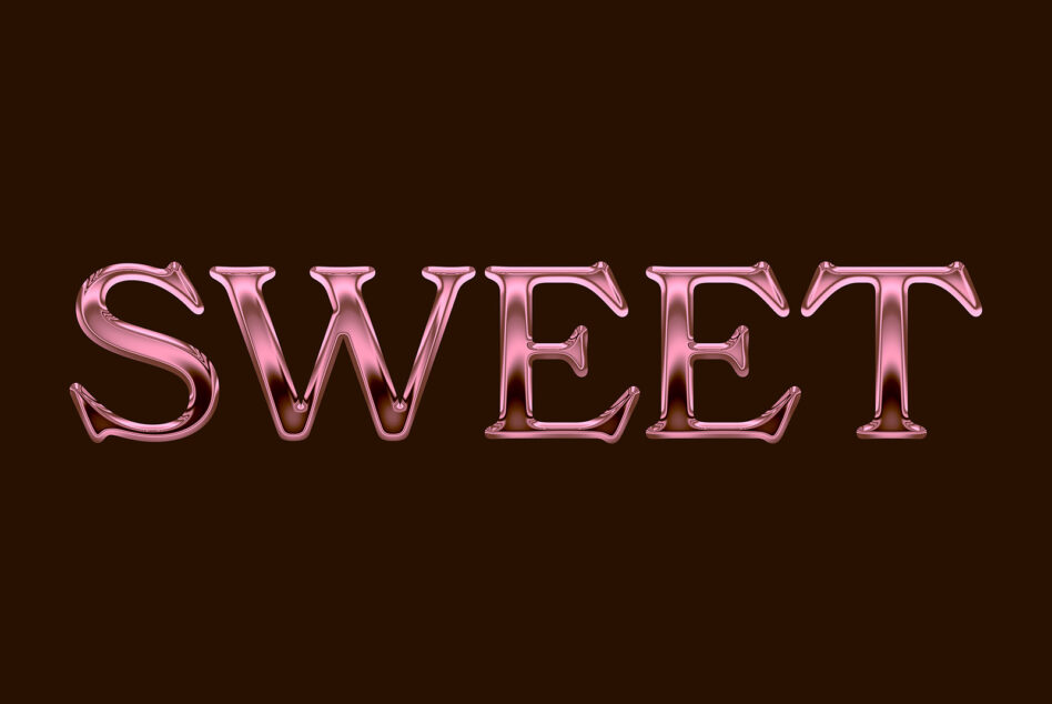 Pink metallic 3D letters spelling SWEET on dark brown backdrop