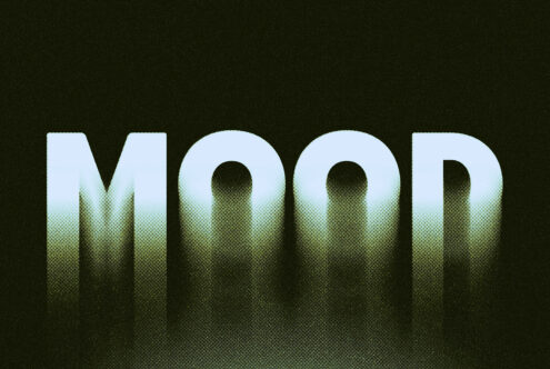 Mood text with pixelated grain fade effect on dark green background