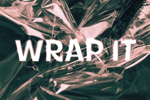 Bold white text with neon glow layered on botanical foliage