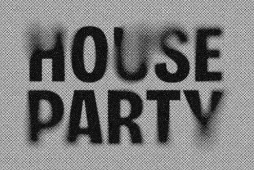 Pixelated mesh pattern with MOUSE PARTY text in black