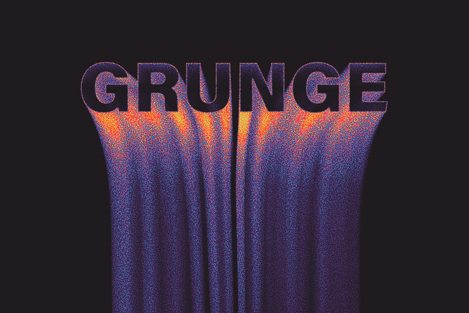 GRUNGE text with colorful noise fill dissolving into fabric texture