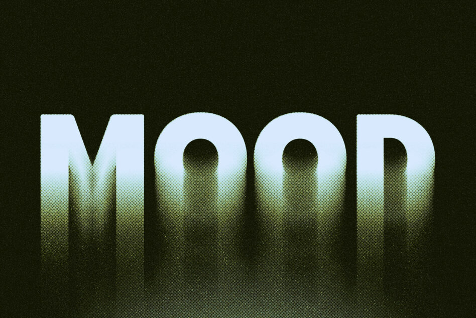 Mood text with pixelated grain fade effect on dark green background