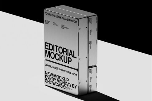 Stacked box mockup with editorial design layout on gray background