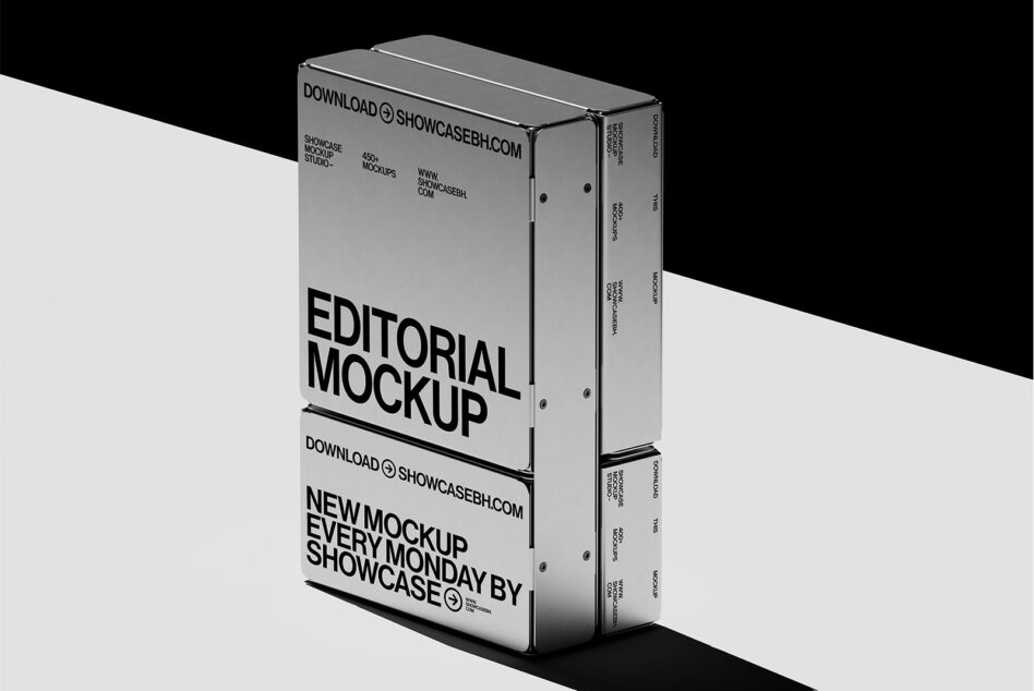 Stacked box mockup with editorial design layout on gray background