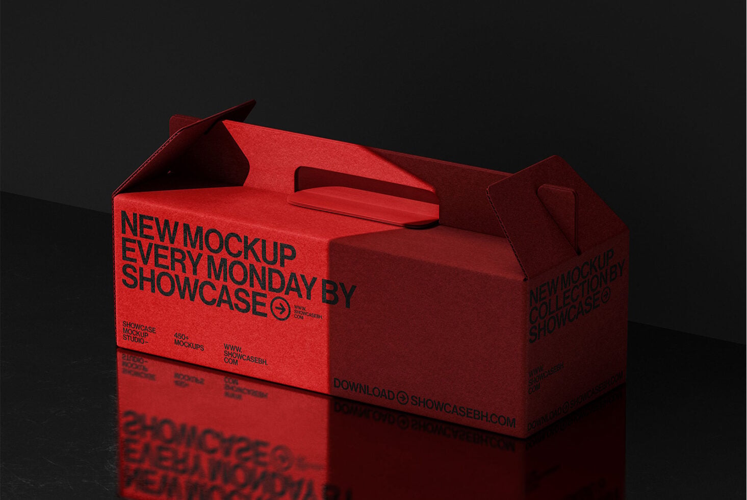 Bright red takeout box mockup with handle on dark surface