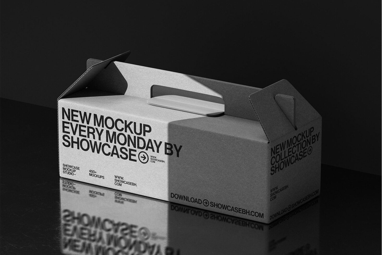 White grayscale takeout box mockup with handle on dark surface