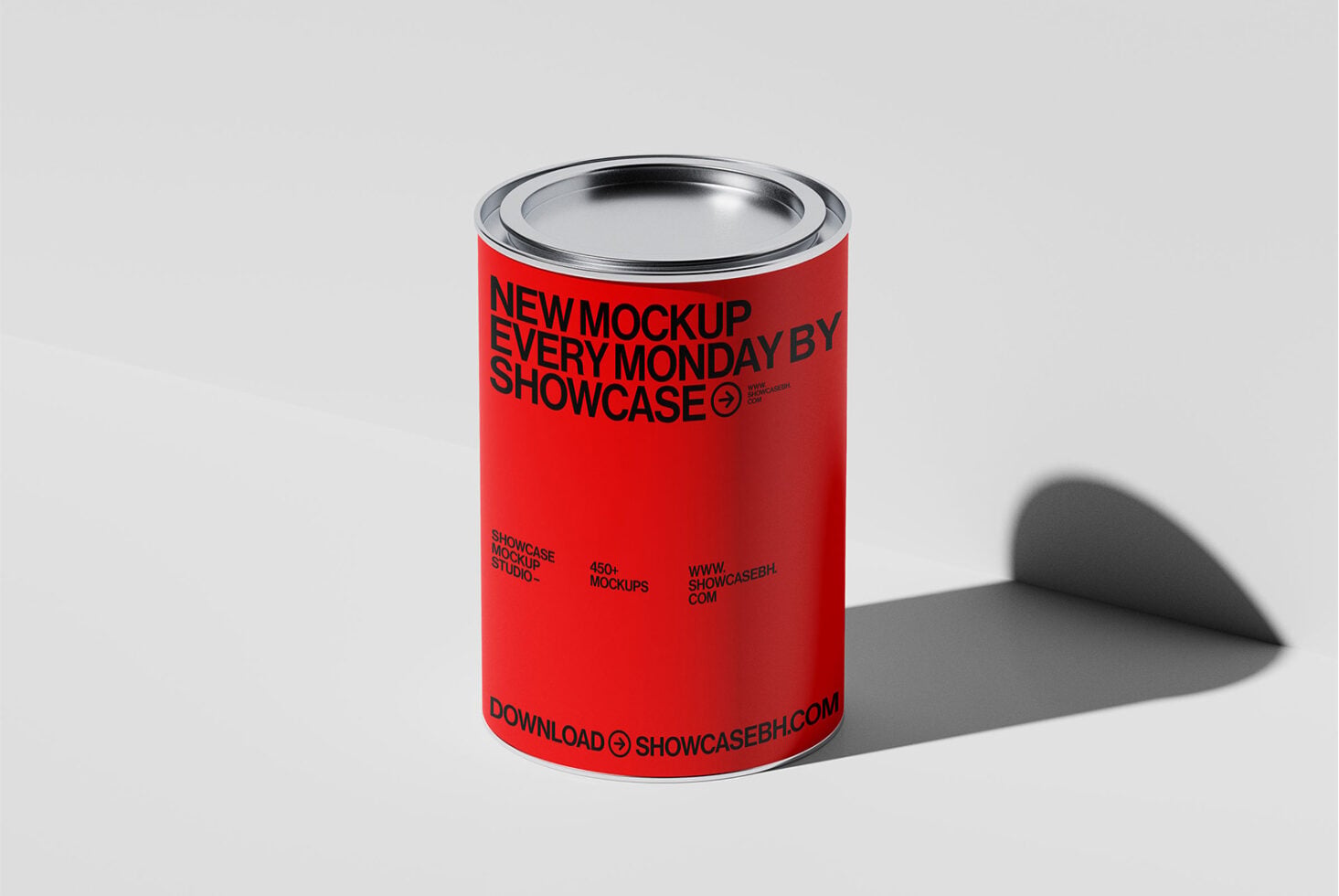 Red paint can mockup with silver lid on light background