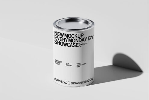 White paint can mockup with silver lid on light background