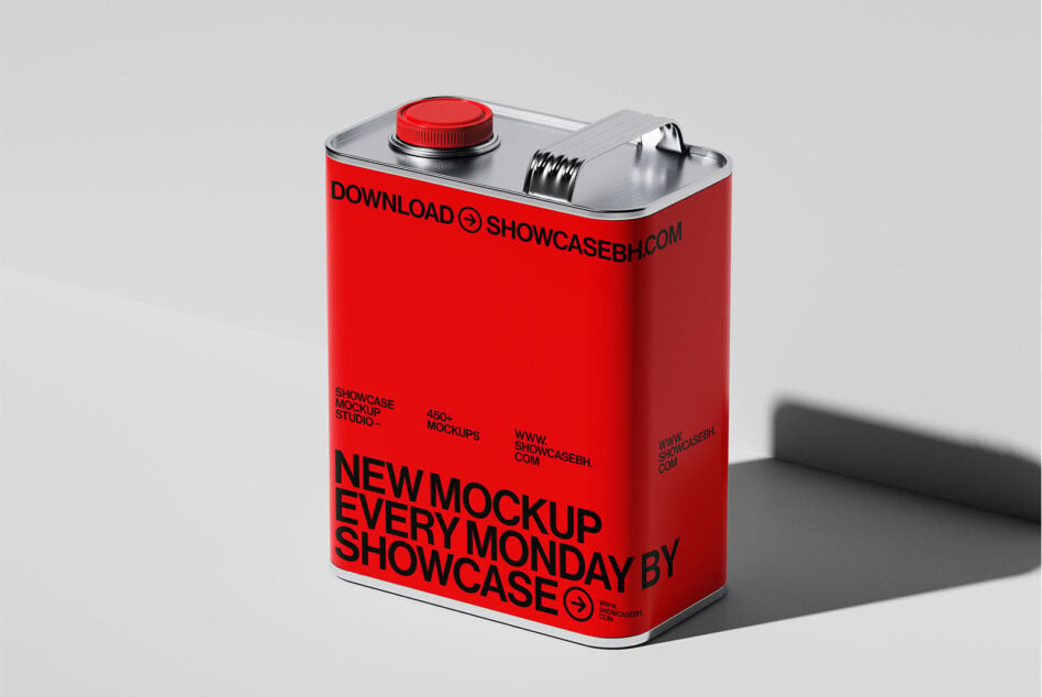 Red metal tin mockup with screw cap on light background
