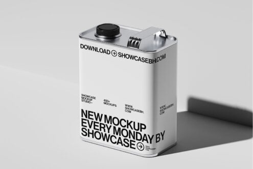 White metal tin mockup with black cap on light background