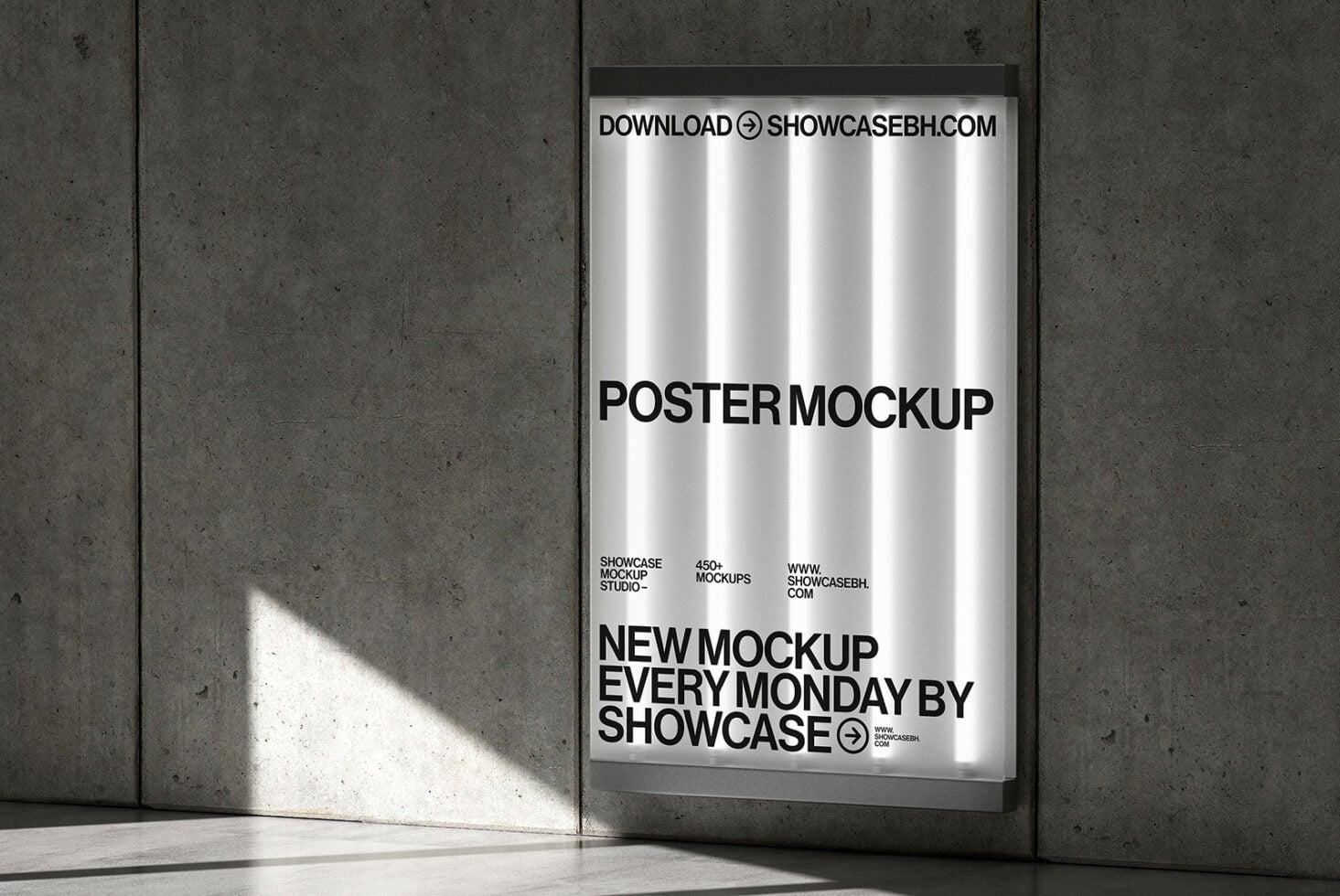 Framed poster mockup on concrete wall with natural light casting shadows