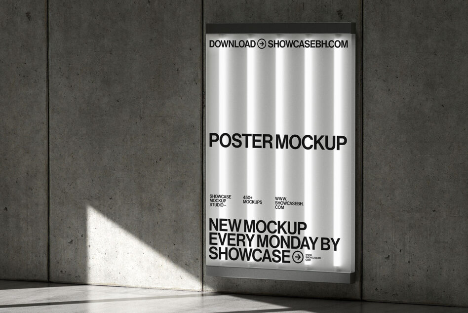 Framed poster mockup on concrete wall with natural light casting shadows