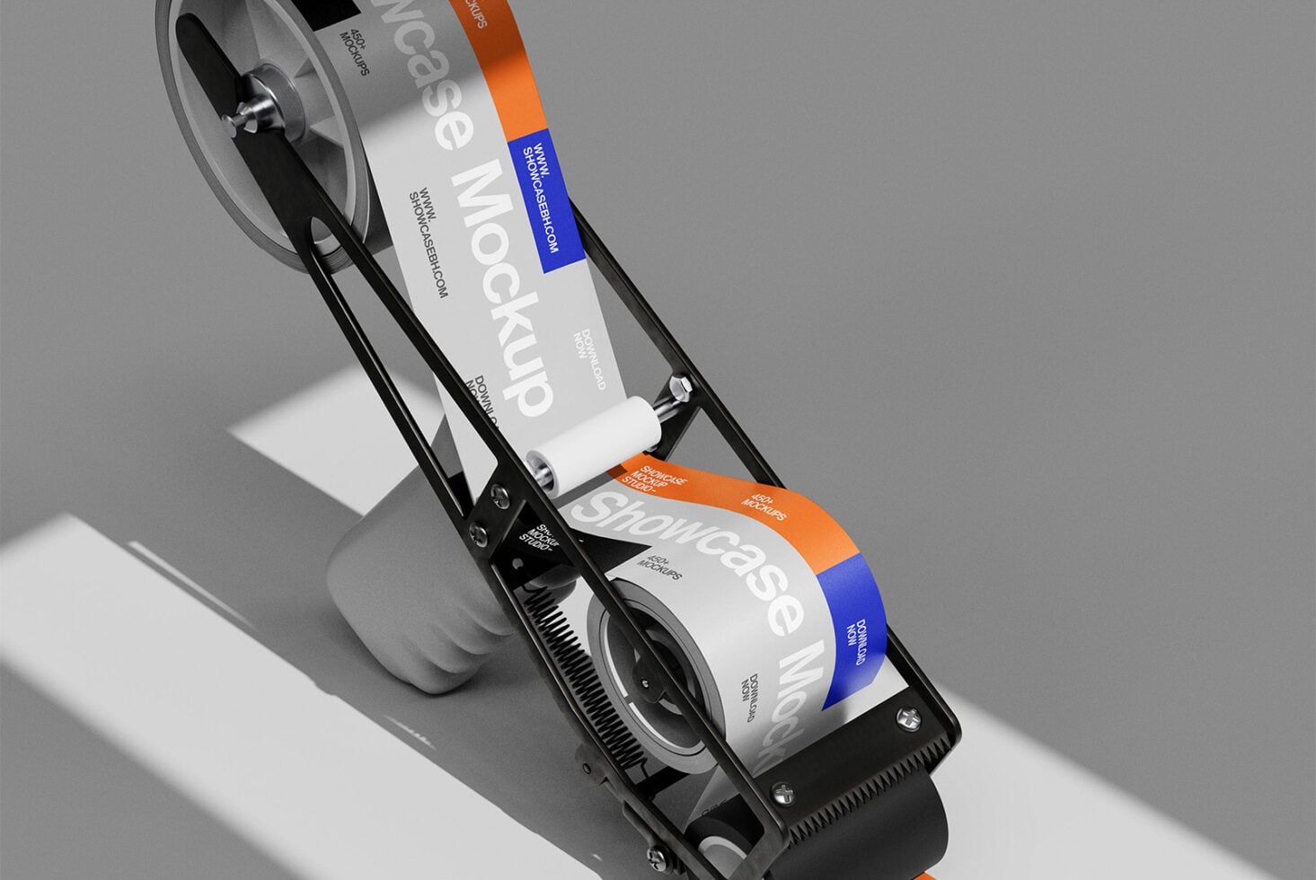 Tape dispenser mockup with white label showing colorful stripe design