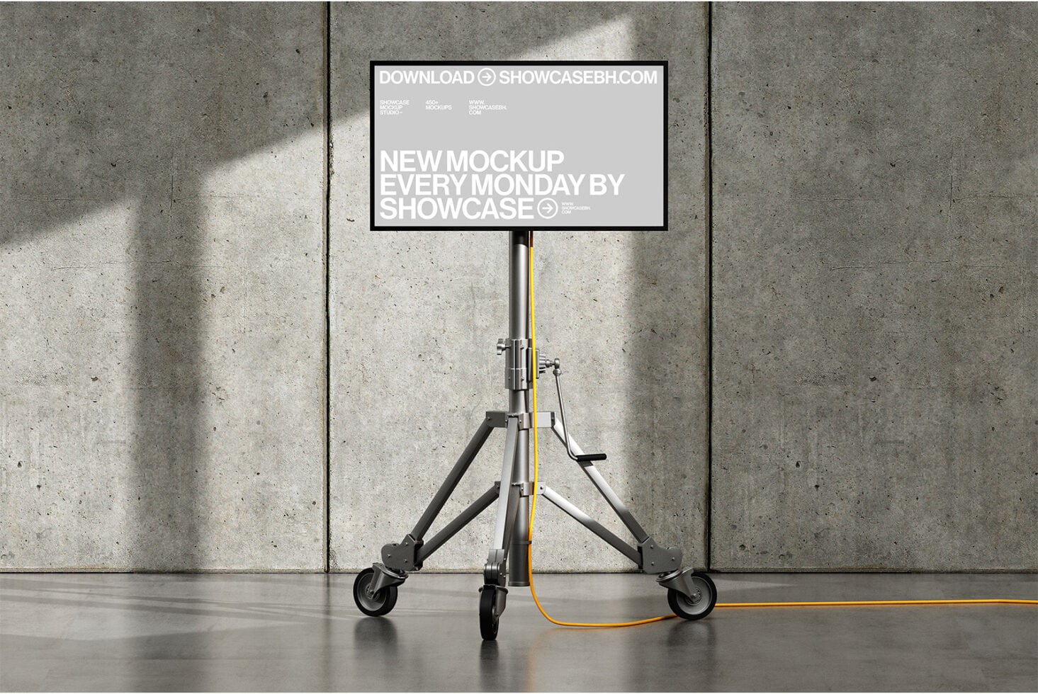 Billboard mockup on portable stand in concrete room with sunlight
