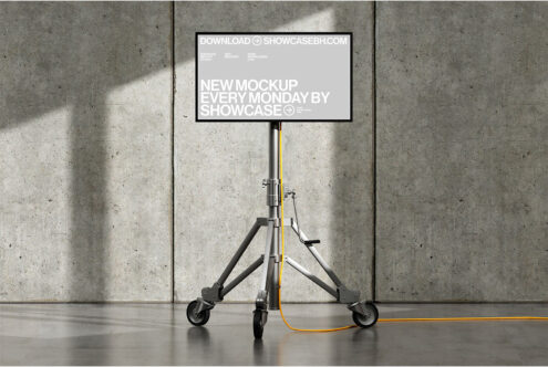 Billboard mockup on portable stand in concrete room with sunlight